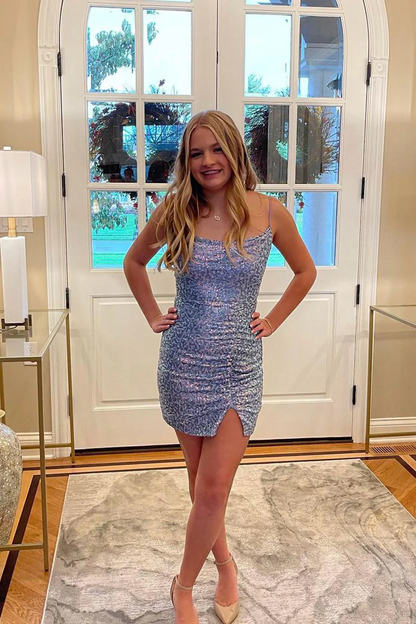 Blue Scoop Neck Sequins Short Homecoming Dress with Slit