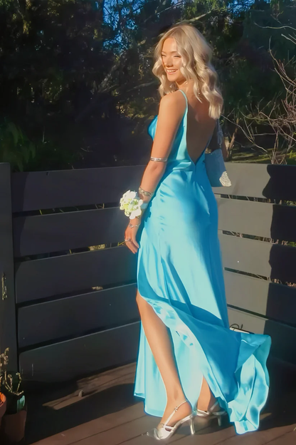 Blue Spaghetti Straps Cowl Neck Slit Dress
