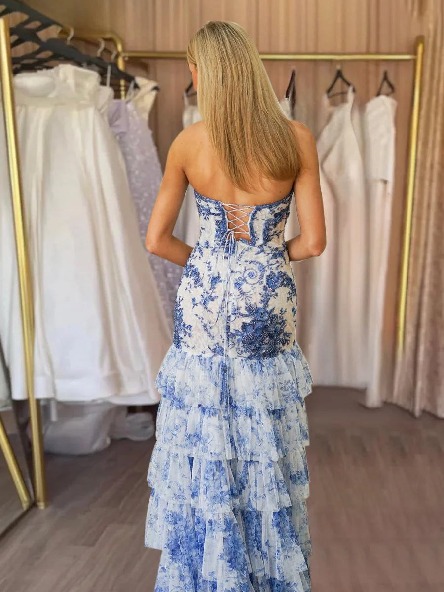 Blue Strapless Beaded Ruffle Tiered Mermaid Prom Dresses With Slit