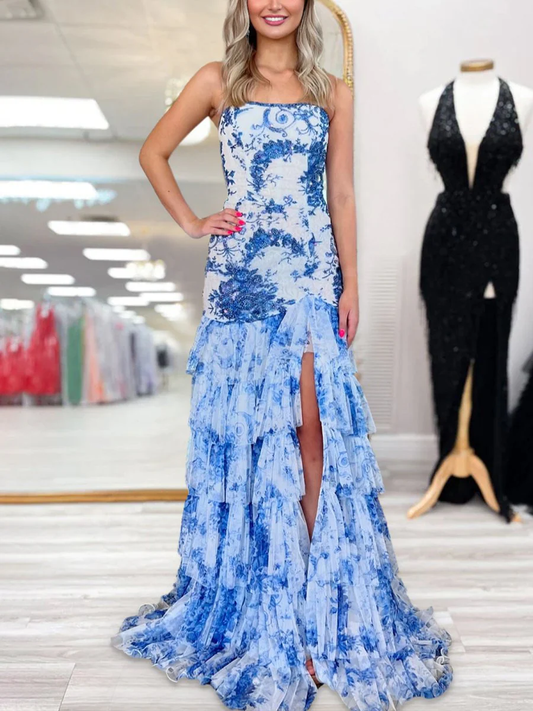 Blue Strapless Beaded Ruffle Tiered Mermaid Prom Dresses With Slit