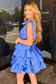 Blue V Neck A-Line Organza Blue Tiered Homecoming Dress with Ruffles
