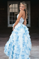 Blue – A Line Floral Tulle Halter Long Prom Dress with Ruffles and Beading