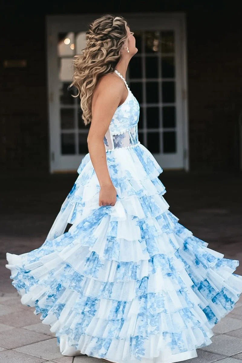 Blue – A Line Floral Tulle Halter Long Prom Dress with Ruffles and Beading
