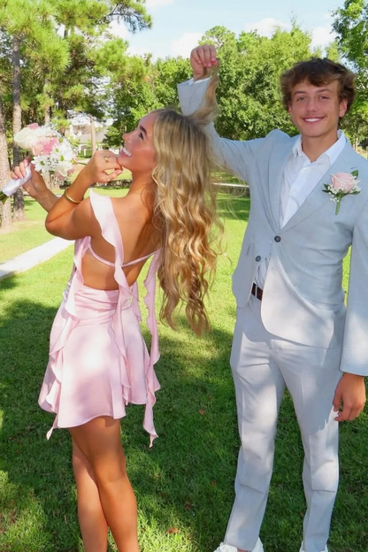 Blush Pink Ruffle Strap Mini Homecoming Dress with Side Cutouts