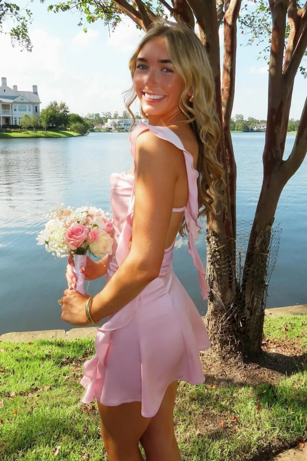Blush Pink Ruffle Strap Mini Homecoming Dress with Side Cutouts