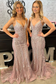 Blush Pink V Neck Tulle Appliques Mermaid Prom Dress
