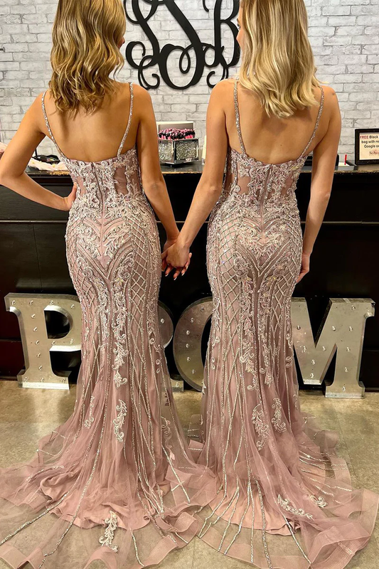 Blush Pink V Neck Tulle Appliques Mermaid Prom Dress