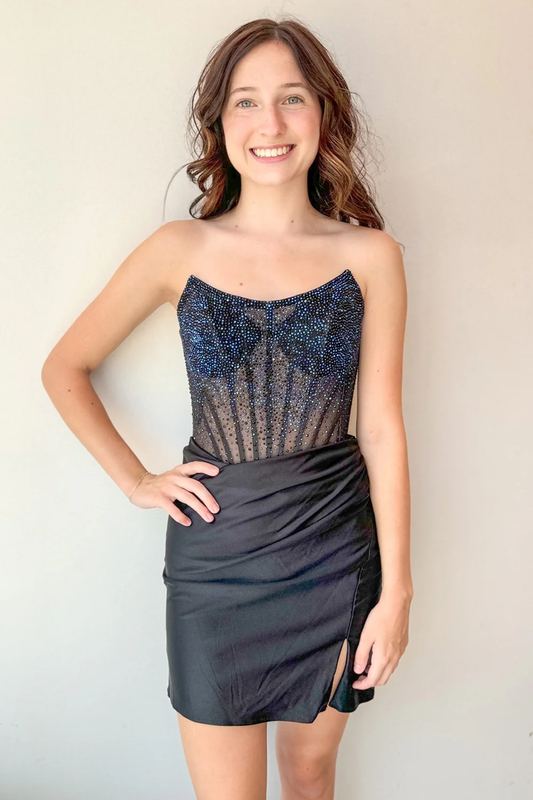 Bodycon Strapless Black Satin Beads Tight Short Homecoming Dresses with Slit