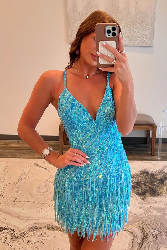 Bodycon V Neck Blue Sequins Tight Short Homecoming Dresses