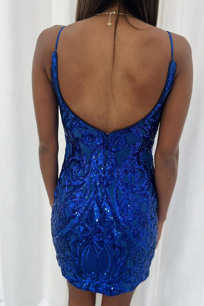 Bodycon V Neck Royal Blue Sequins Short Homecoming Dresses