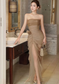 Brown Sheath Strapless Pleated Tulle Long Prom Dress Party Dress