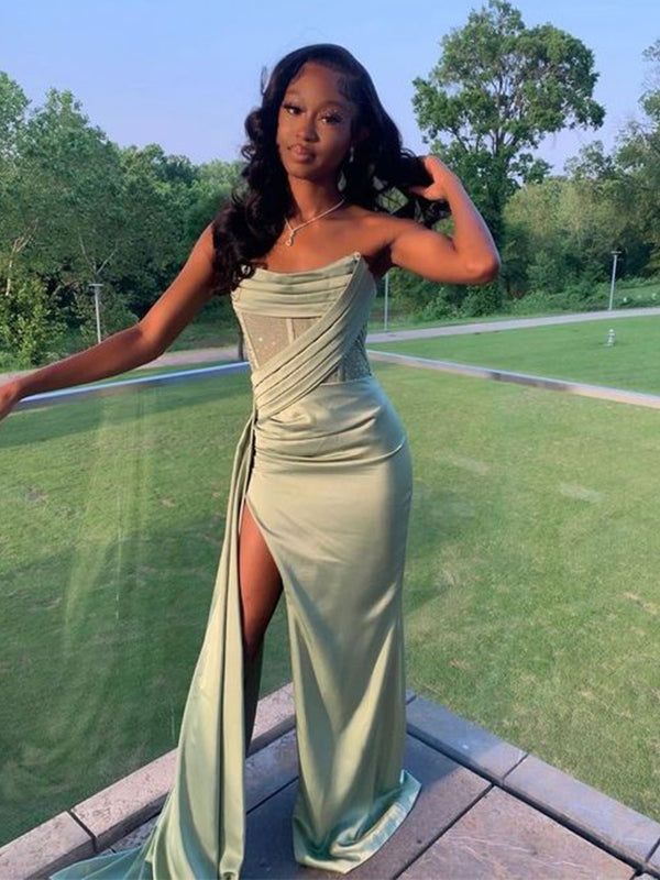 Modest Mermaid Strapless Mint Green Long Satin Slit Prom Dresses Evening Dress