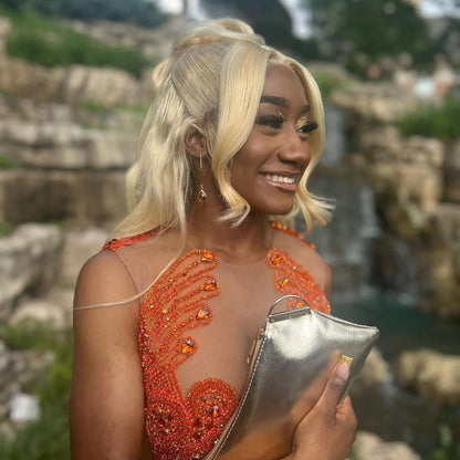 Robe de bal sirène orange et solitaire, robe de soirée personnalisée