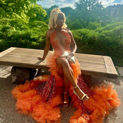 Robe de bal sirène orange et solitaire, robe de soirée personnalisée
