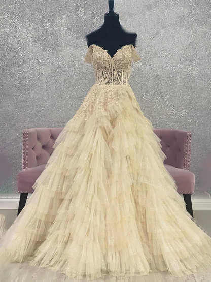 Champagne Off the Shoulder Tulle Prom Dress With Appliques
