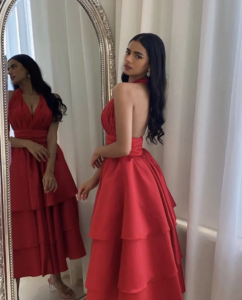 Charming A-line V Neck Sleeveless Backless Ankle-Length Prom Dresses