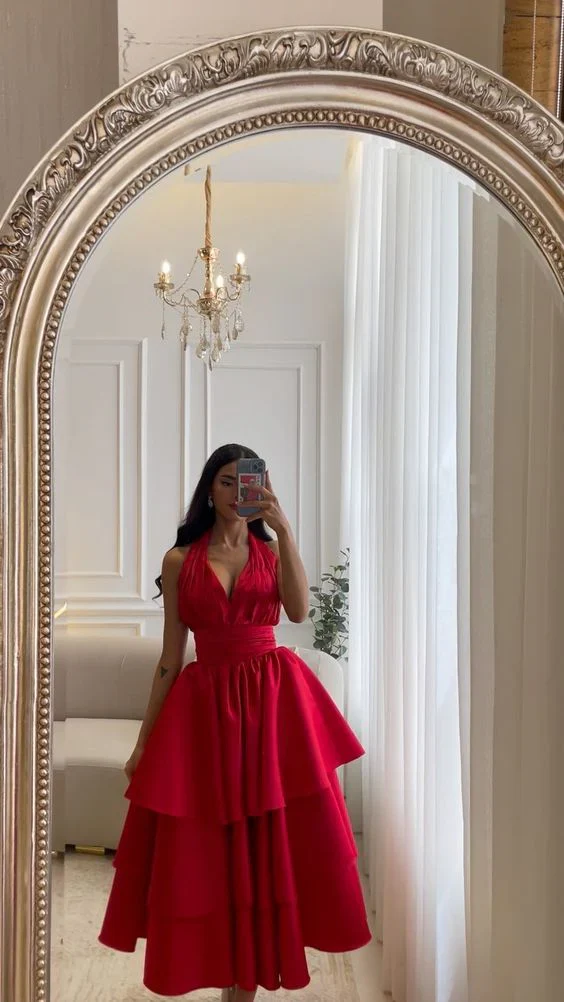 Charming A-line V Neck Sleeveless Backless Ankle-Length Prom Dresses