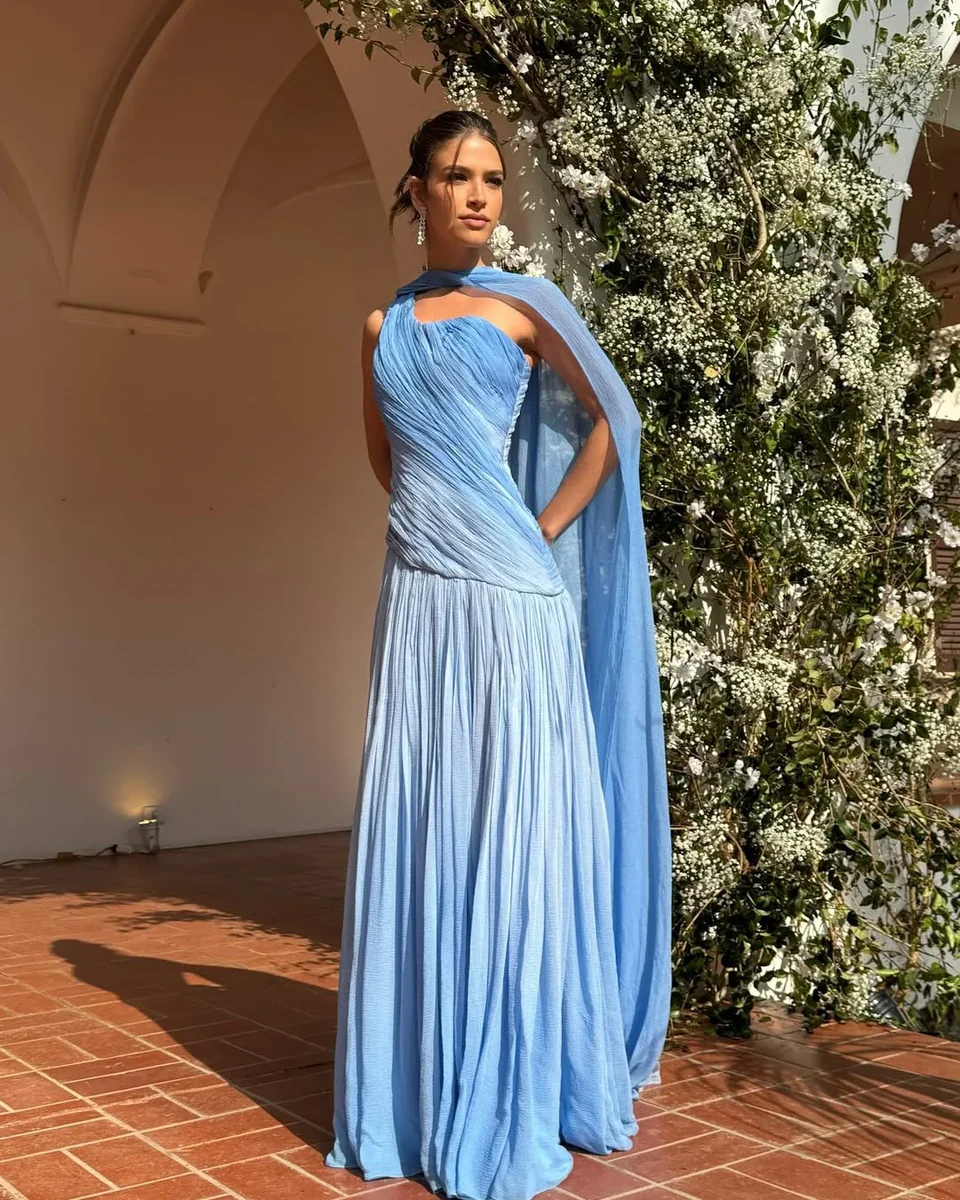 Charming Blue One Shoulder Pleated Sleeveless Prom Dress with Scarf