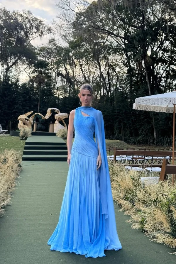 Charming Blue One Shoulder Pleated Sleeveless Prom Dress with Scarf