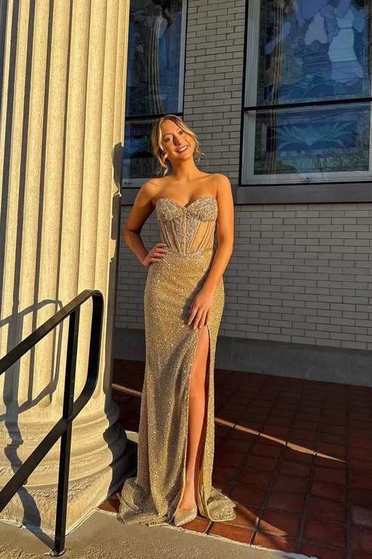 Charming Mermaid Sweetheart Gold Sequins Slit Prom Dress with Beading
