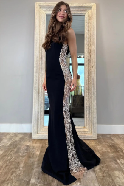 Charming Mermaid V Neck Black Satin Prom Dress with Beading