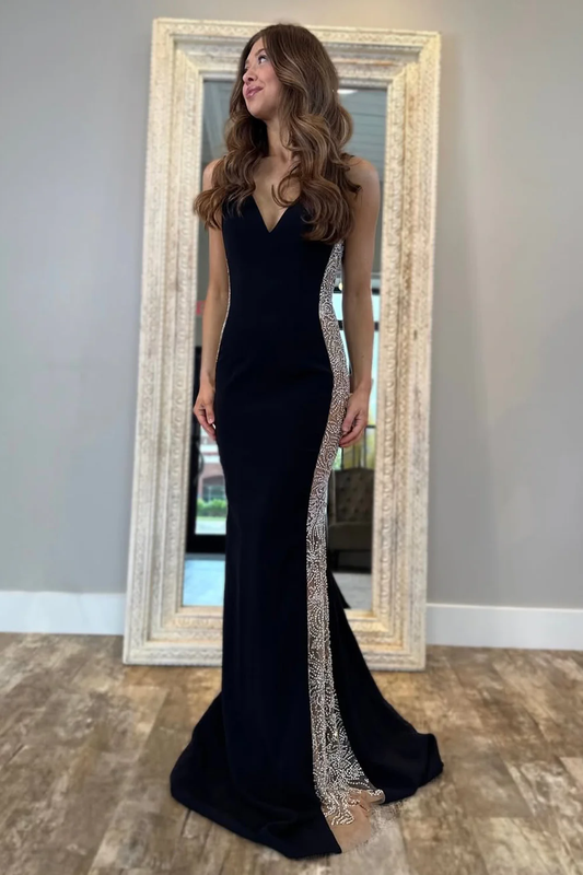 Charming Mermaid V Neck Black Satin Prom Dress with Beading