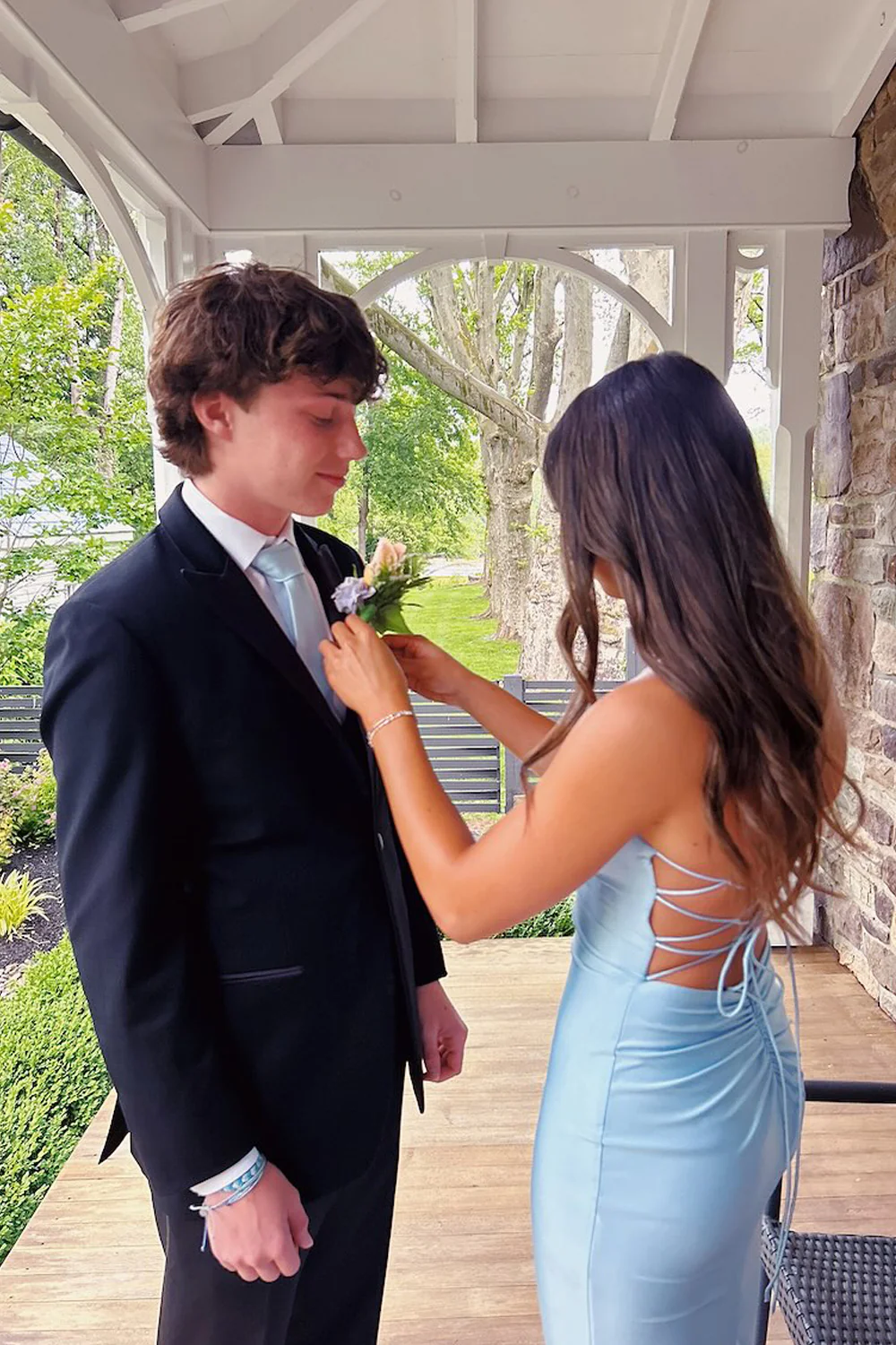 Charming Mermaid V Neck Light Blue Elastic Satin Long Prom Gown