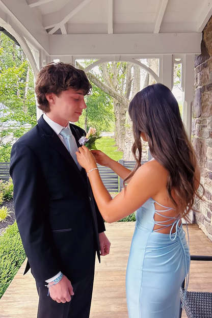 Charming Mermaid V Neck Light Blue Elastic Satin Long Prom Gown