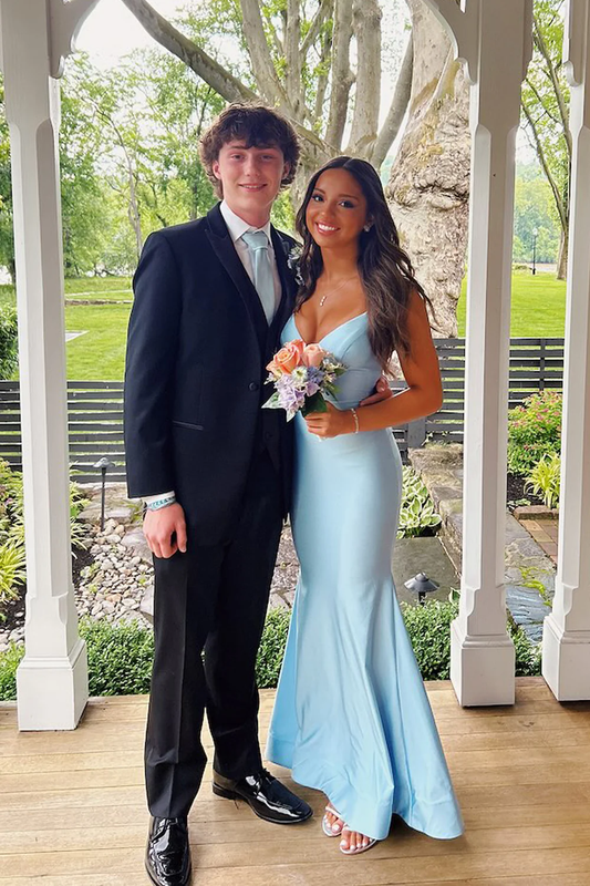 Charming Mermaid V Neck Light Blue Elastic Satin Long Prom Gown