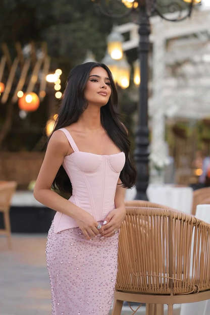 Charming Pink Straps Sleeveless Prom Dresses Sheath Gem Two-Piece Set On Sale