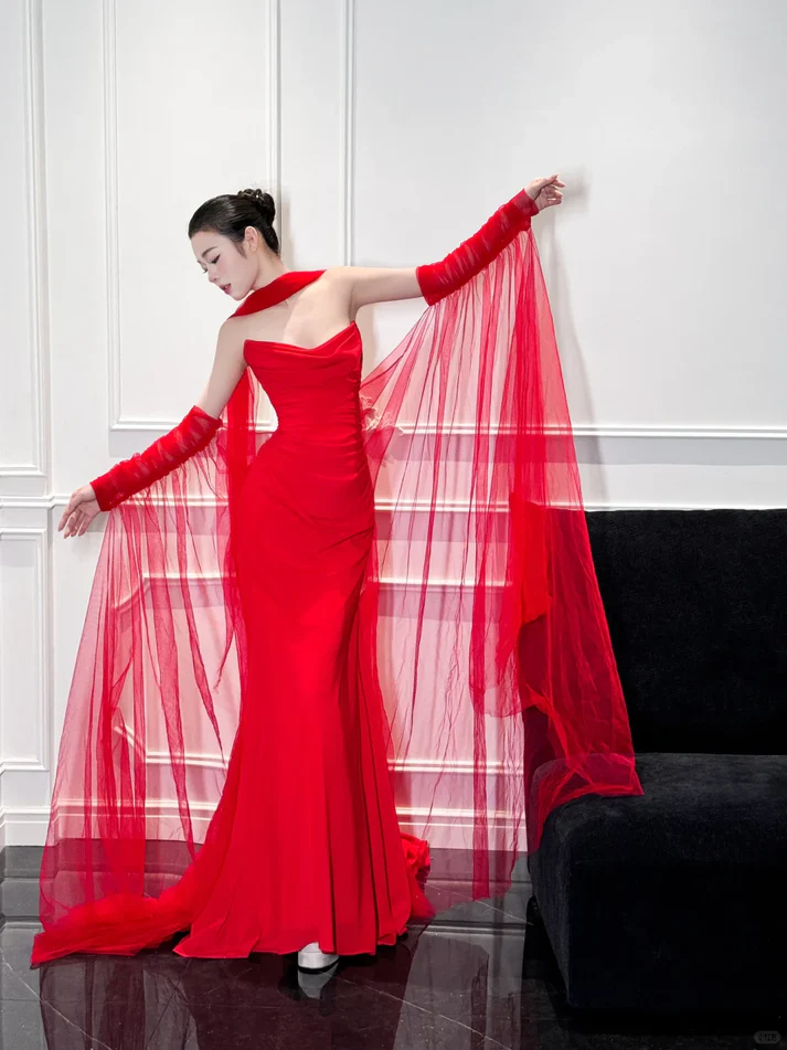 Charming Red Mermaid Strapless Pleated Satin Long Prom Dress Party Dress