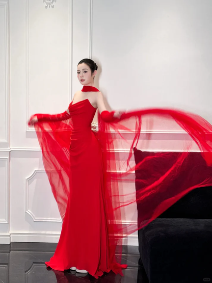 Charming Red Mermaid Strapless Pleated Satin Long Prom Dress Party Dress