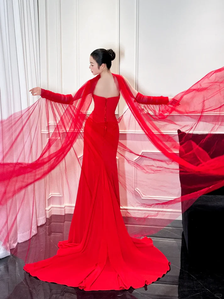 Charming Red Mermaid Strapless Pleated Satin Long Prom Dress Party Dress