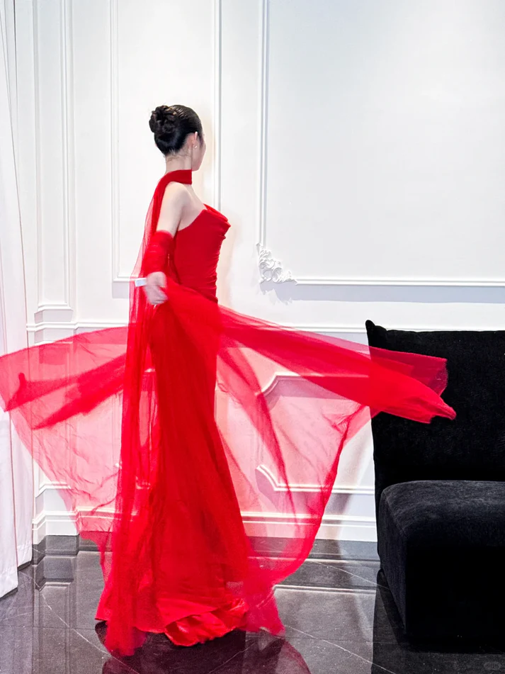 Charming Red Mermaid Strapless Pleated Satin Long Prom Dress Party Dress