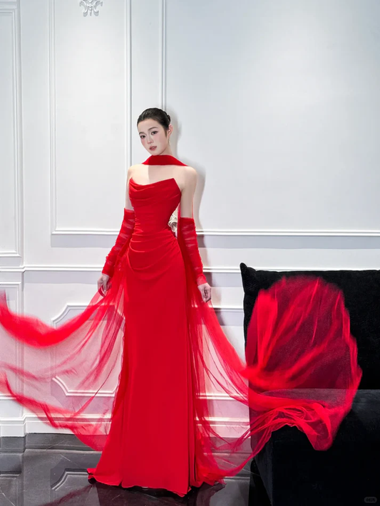 Charming Red Mermaid Strapless Pleated Satin Long Prom Dress Party Dress