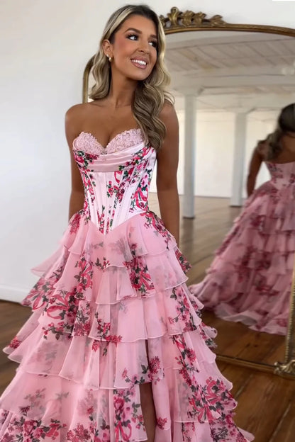 Sweet A Line Sweetheart Floral Printed Chiffon Tiered Prom Dresses with Slit