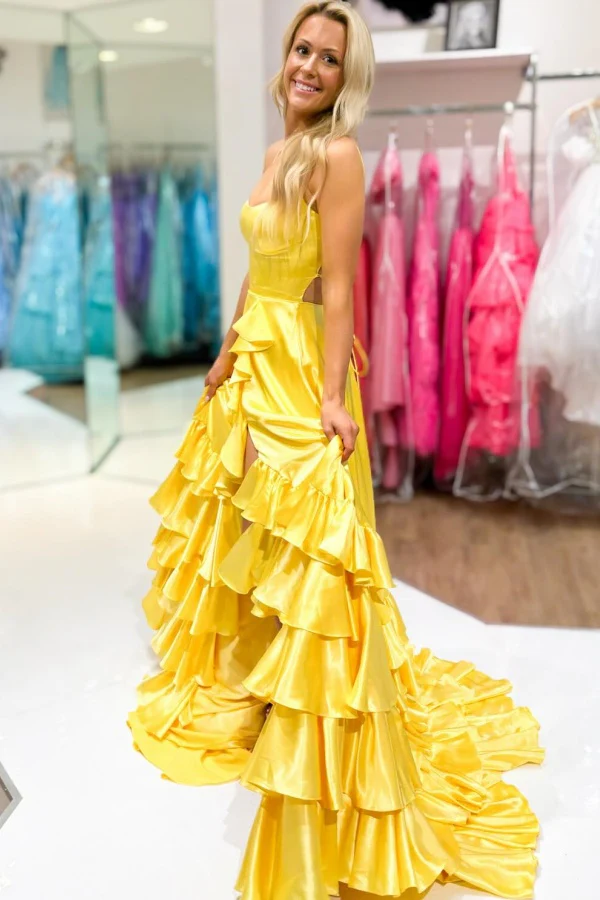 Chic A-Line Boat Neck Spaghetti Straps Sleeveless Ruffles Tiered High Side Slit and Train Prom Party Dress Evening Gown Cocktail Dress