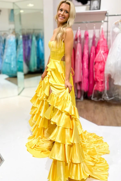 Chic A-Line Boat Neck Spaghetti Straps Sleeveless Ruffles Tiered High Side Slit and Train Prom Party Dress Evening Gown Cocktail Dress