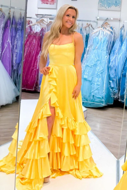 Chic A-Line Boat Neck Spaghetti Straps Sleeveless Ruffles Tiered High Side Slit and Train Prom Party Dress Evening Gown Cocktail Dress