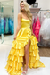 Chic A-Line Boat Neck Spaghetti Straps Sleeveless Ruffles Tiered High Side Slit and Train Prom Party Dress Evening Gown Cocktail Dress