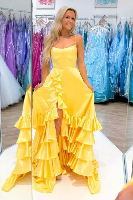 Chic A-Line Boat Neck Spaghetti Straps Sleeveless Ruffles Tiered High Side Slit and Train Prom Party Dress Evening Gown Cocktail Dress