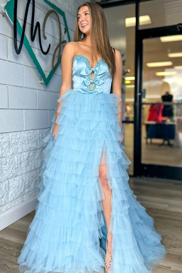Chic A-Line Strapless Sleeveless Beaded BowKnot Tulle Tiered Prom Party Dress High Side Slit and Train Evening Formal Gown
