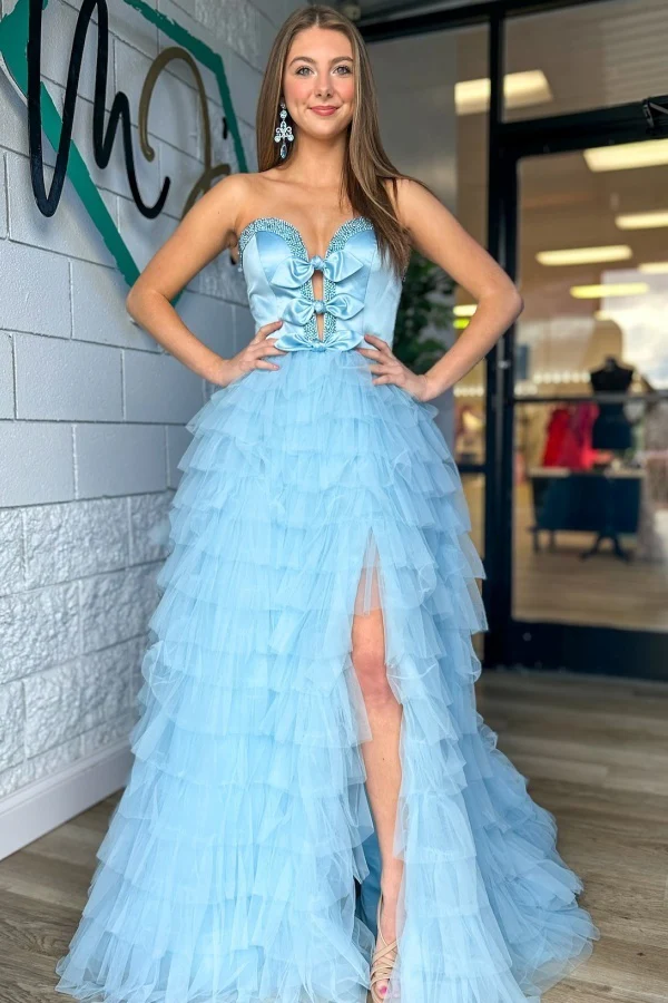 Chic A-Line Strapless Sleeveless Beaded BowKnot Tulle Tiered Prom Party Dress High Side Slit and Train Evening Formal Gown