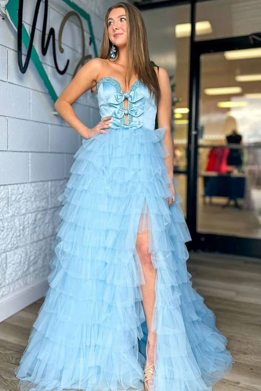 Chic A-Line Strapless Sleeveless Beaded BowKnot Tulle Tiered Prom Party Dress High Side Slit and Train Evening Formal Gown