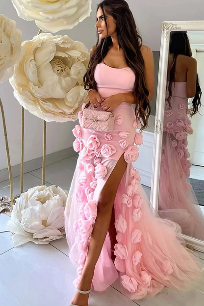 Chic Sheath Strapless Sleeveless Pleated 3D Rose Flower Prom Party Dress High Side Slit and Train Evening Formal Gown