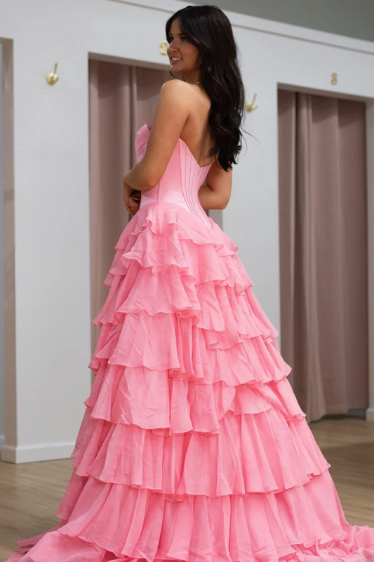 Chic & Modern A-Line Strapless Sleeveless Pleated Appliques Chiffon Tiered Prom Party Dress High Side Slit and Train Back Zipper Formal Evening Gown