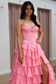 Chic & Modern A-Line Strapless Sleeveless Pleated Appliques Chiffon Tiered Prom Party Dress High Side Slit and Train Back Zipper Formal Evening Gown