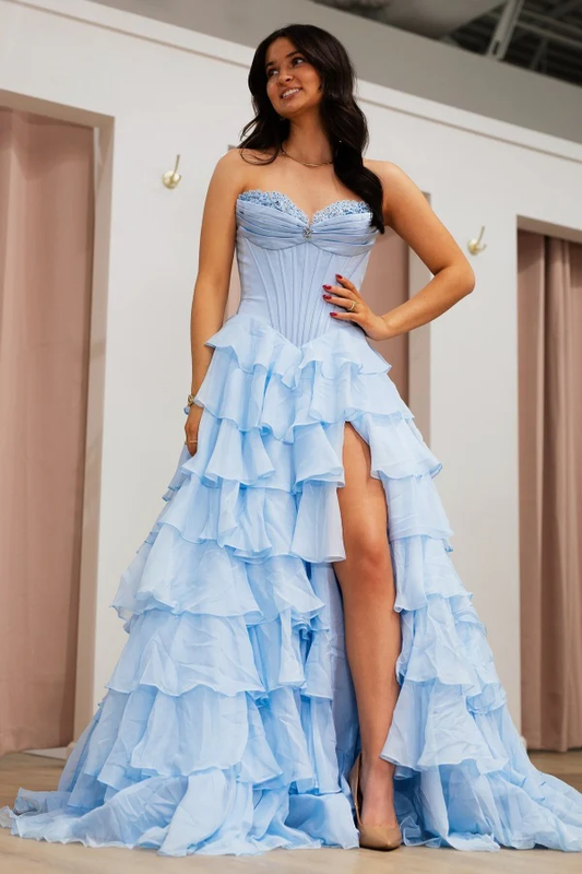 Chic & Modern A-Line Strapless Sleeveless Pleated Appliques Chiffon Tiered Prom Party Dress High Side Slit and Train Back Zipper Formal Evening Gown