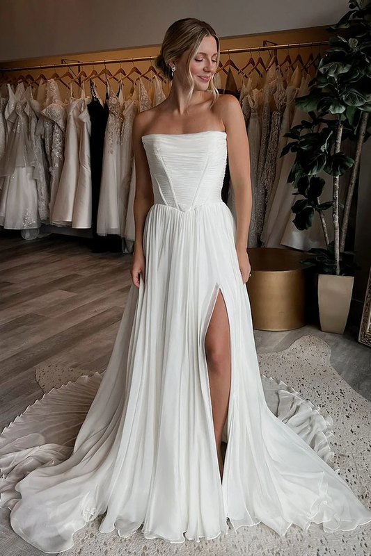 Chiffon A Line Strapless Corset Pleated Bridal Wedding Dresses with Split