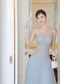 Classic A Line One Shoulder Blue Tulle Long Prom Dress Evening Dress